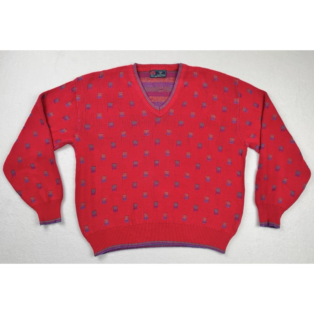 Vintage Isle of Cotton USA Red Pattern Knit Sweater 90s V Neck Mens L XL
